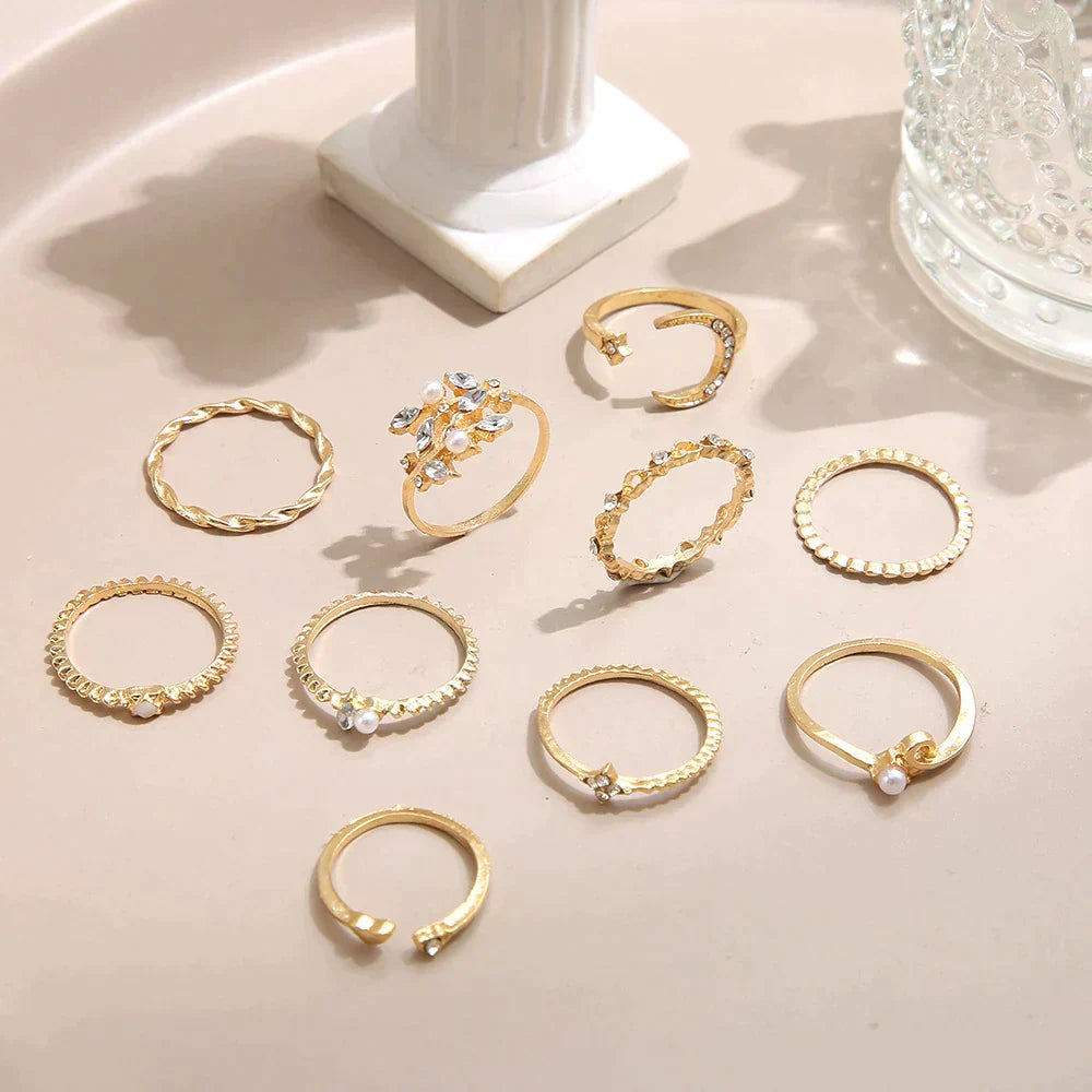 Set of 10 silver and gold-plated bohemian rings